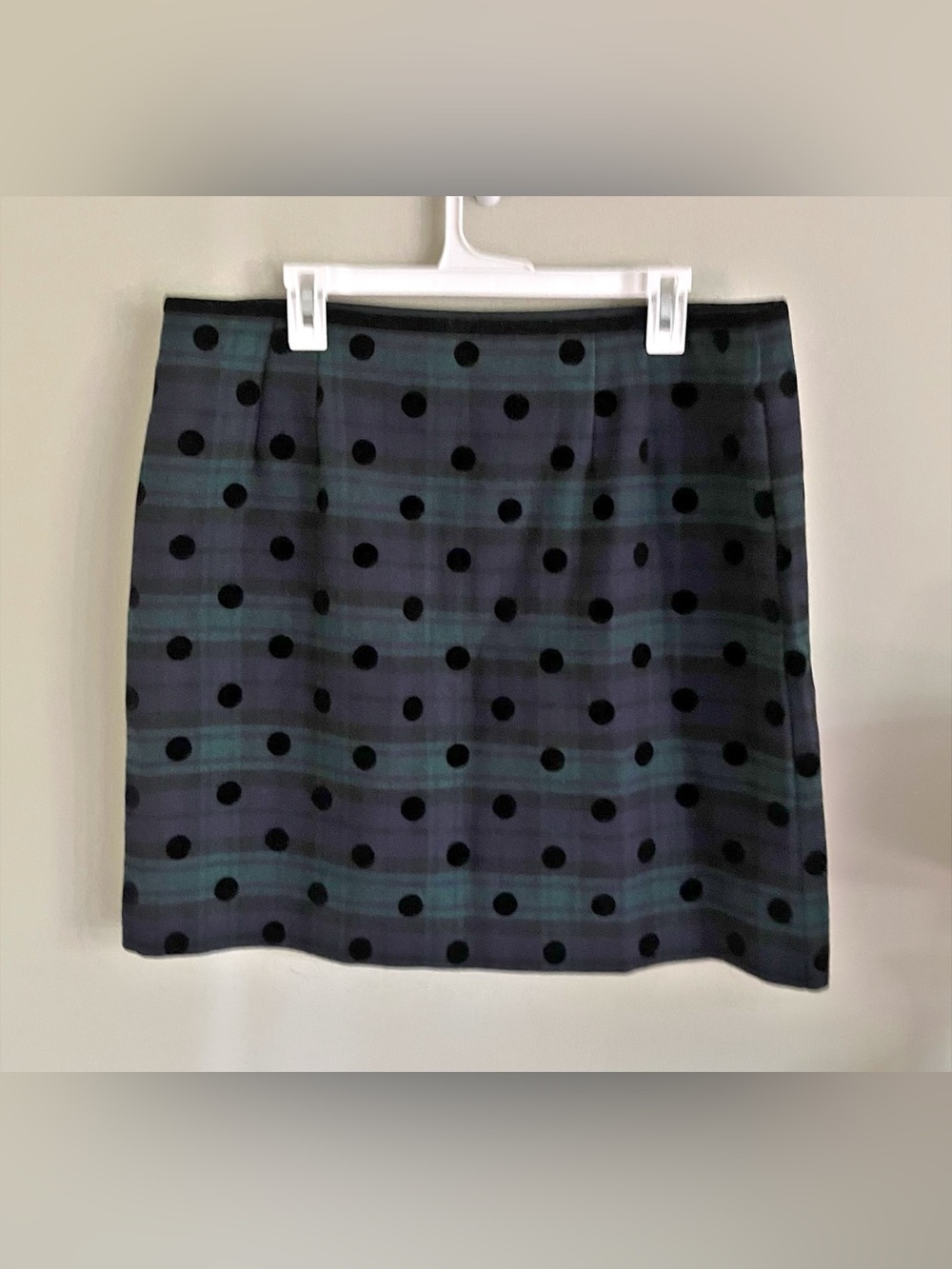 Talbots black watch plaid skirt with velvet polka dots
